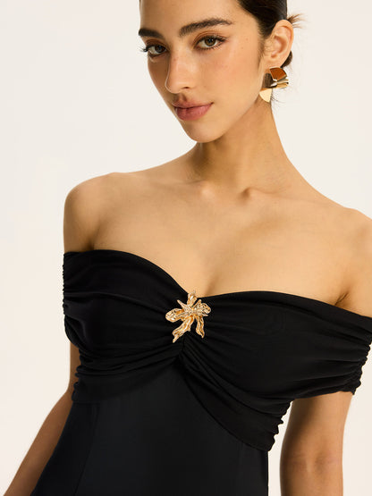 Semi Sheer Off Shoulder Ruched Mesh Paneled Maxi Dress Dresses