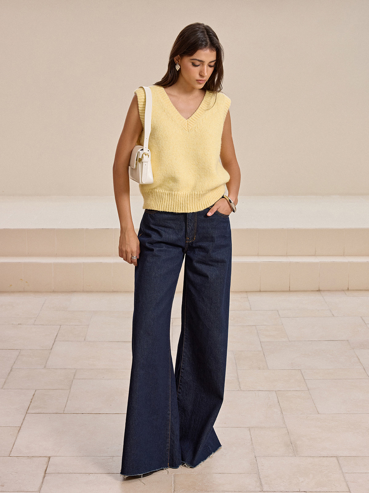 V Neck Wool Blend Knitted Vest Sweater Vests