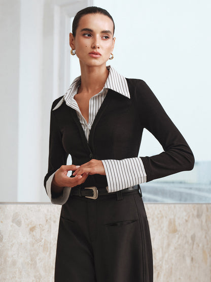 Mock Two Piece Long Sleeve Two Tone Polo Top Blouses