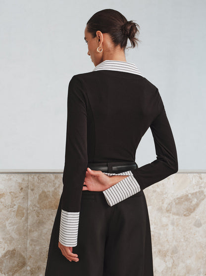 Mock Two Piece Long Sleeve Two Tone Polo Top Blouses