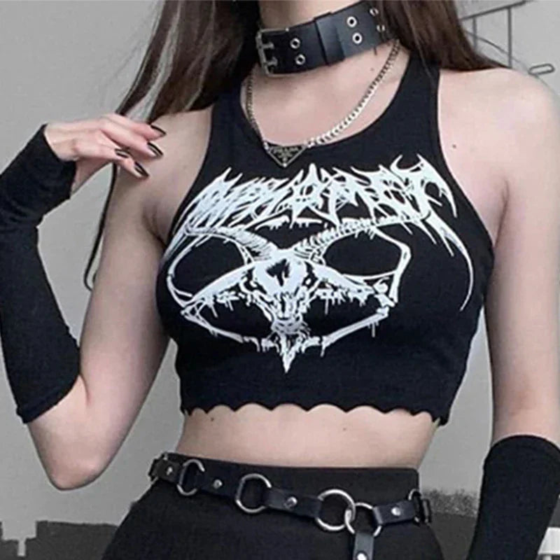 Black Knitted Grunge Punk Goth Goat Head Print Summer Sexy Sleeveless O-neck Crop Top