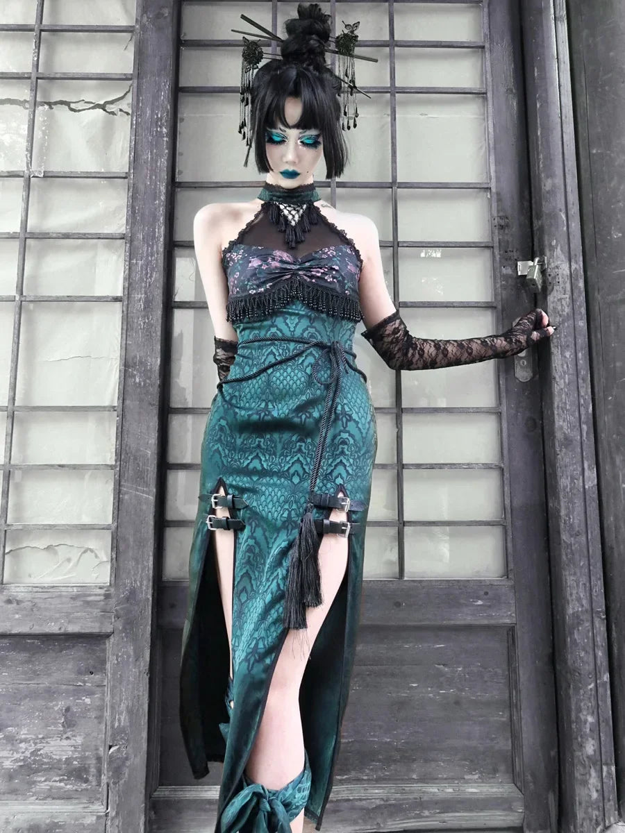 Original Gothic Summer Halter Neck Design Patch Sexy New Outfit Mesh Slit High Cheongsam Snake Outfit