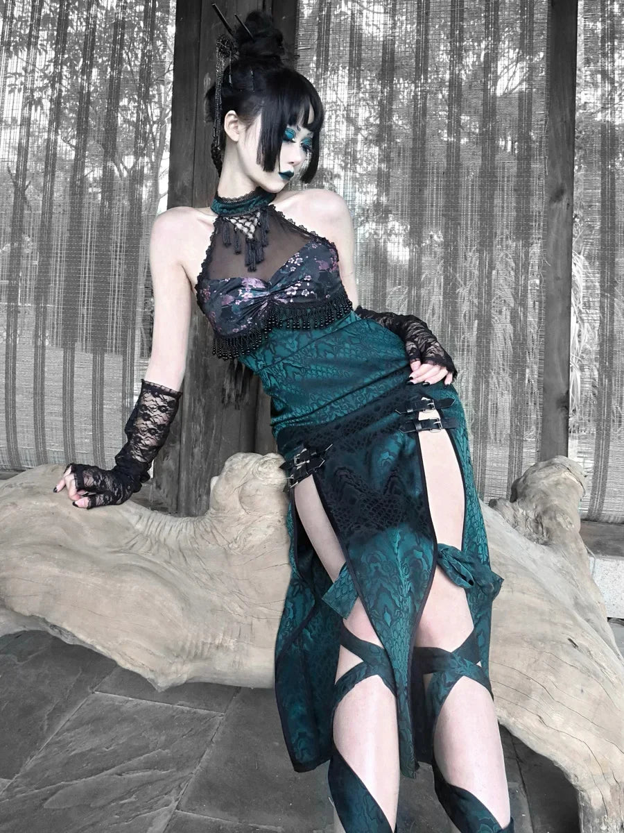 Original Gothic Summer Halter Neck Design Patch Sexy New Outfit Mesh Slit High Cheongsam Snake Outfit