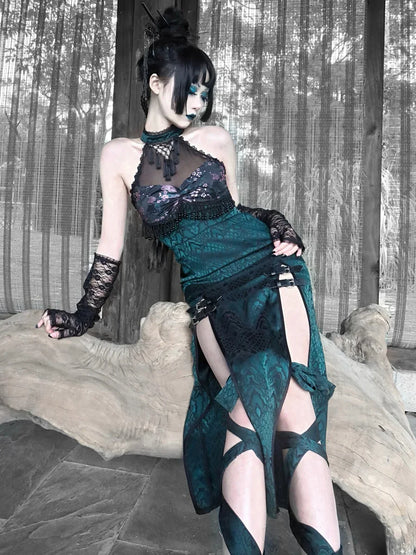 Original Gothic Summer Halter Neck Design Patch Sexy New Outfit Mesh Slit High Cheongsam Snake Outfit