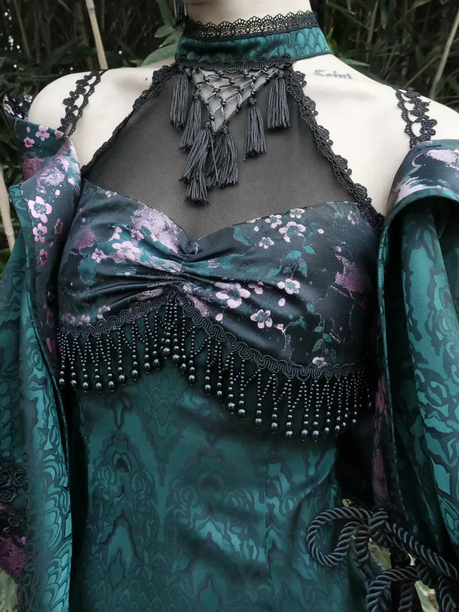 Original Gothic Summer Halter Neck Design Patch Sexy New Outfit Mesh Slit High Cheongsam Snake Outfit