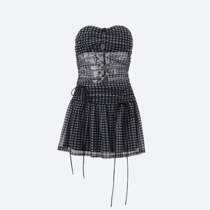Checkered Strapless Top & Mini Skirt Two Piece Set