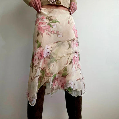 Cottagecore Floral Layered Midi Skirt