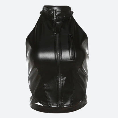 Cyberpunk Faux Leather Zip Up Top