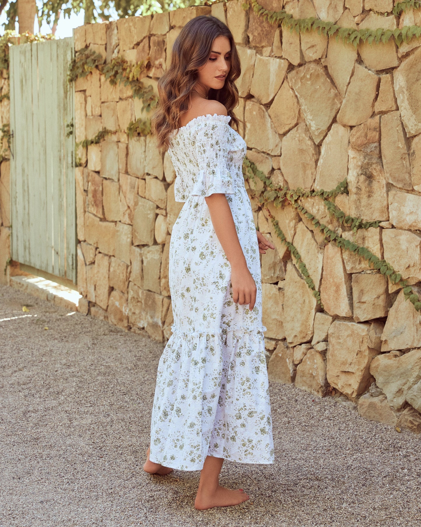 Dasha Cotton Floral Off The Shoulder Maxi Dress - Sage - FINAL SALE
