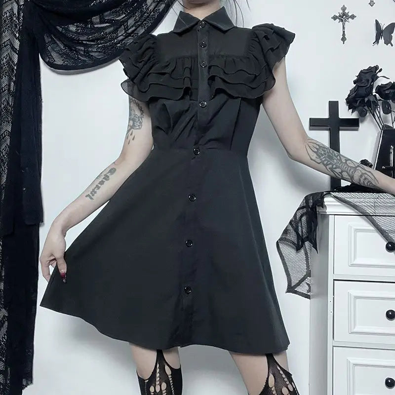 Gothic Ruffled Mesh Splicing A-Line Black Dress