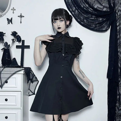 Gothic Ruffled Mesh Splicing A-Line Black Dress