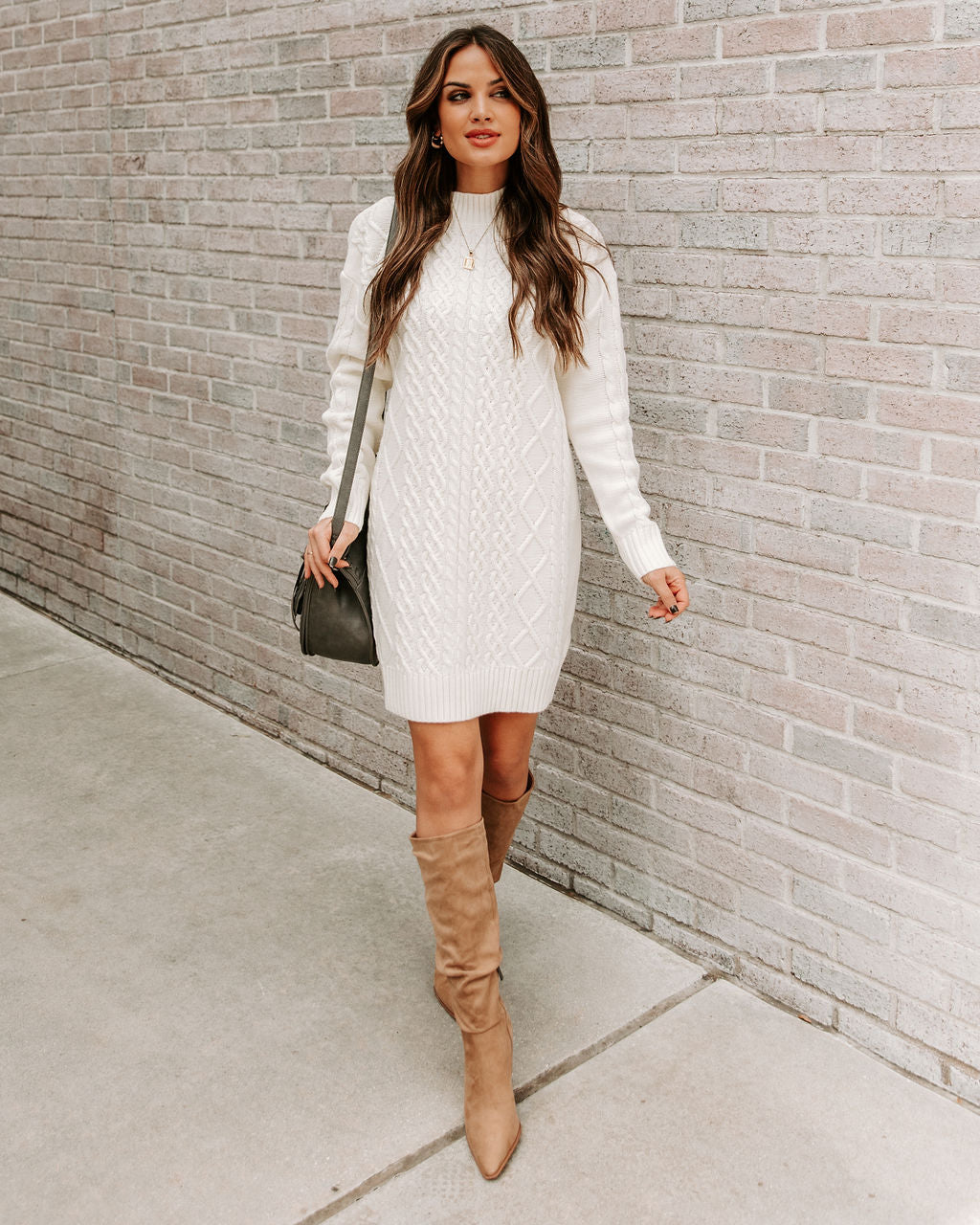 Snow Peak Cable Knit Sweater Dress - Cream
