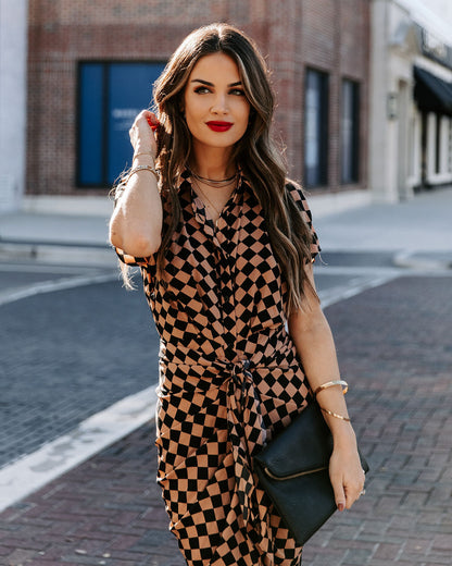 Checkmate Printed Tie Front Midi Shirt Dress