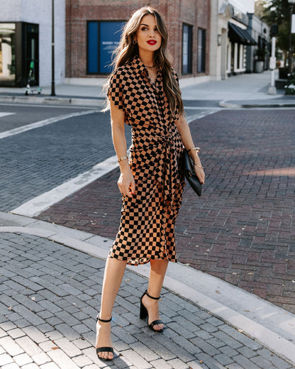 Checkmate Printed Tie Front Midi Shirt Dress
