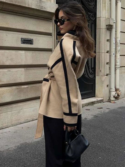 Contrast Woolen Belted Coat