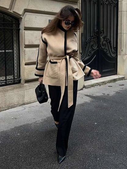 Contrast Woolen Belted Coat