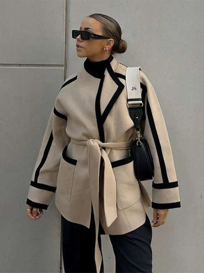 Contrast Woolen Belted Coat