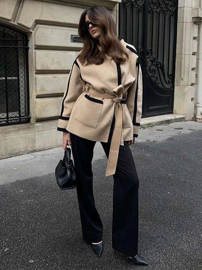 Contrast Woolen Belted Coat