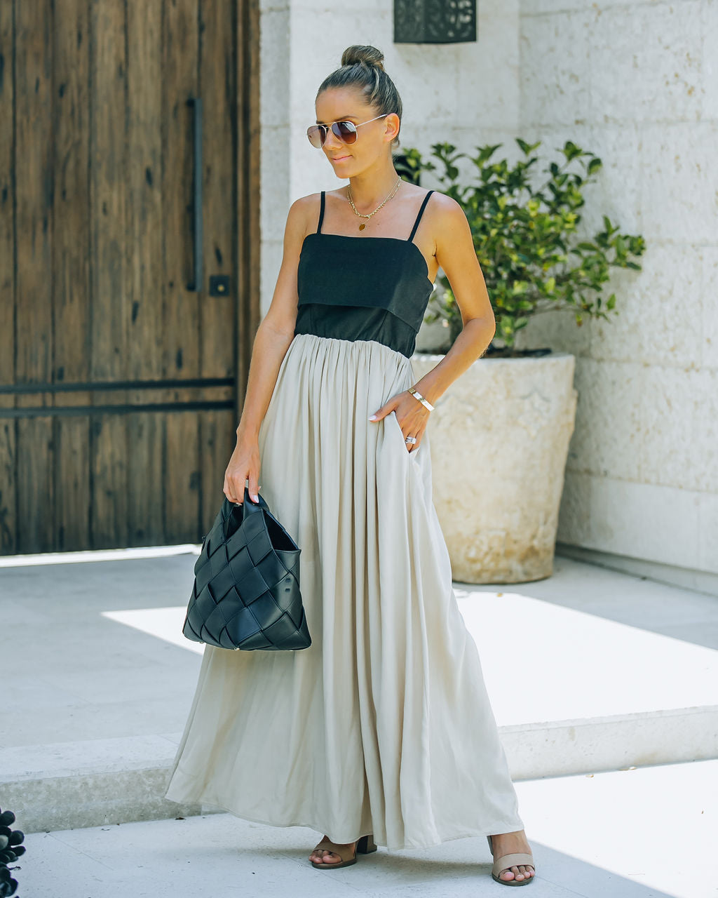 Marcellus Pocketed Colorblock Maxi Dress - Black Nude