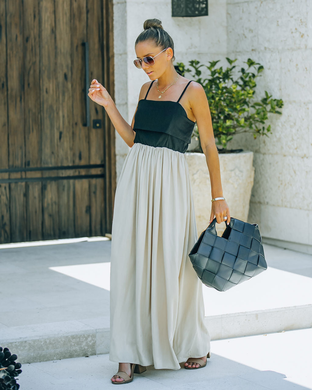 Marcellus Pocketed Colorblock Maxi Dress - Black Nude