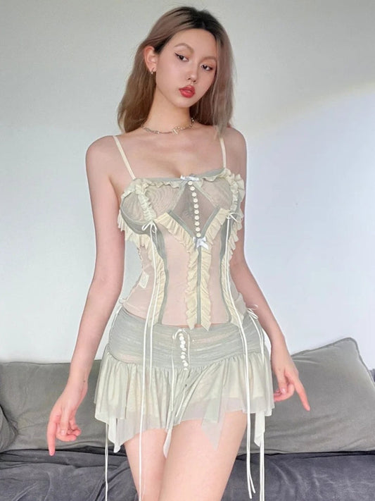 Fairycore Mesh Ruffled Top & Mini Skirt Two Piece Set