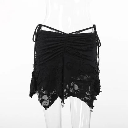 Goth Black Holes Lace-up Mini Sexy Vintage Folds Irregular Bodycon Short Women New Fashion Skirt