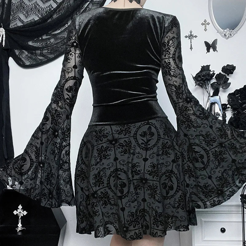 Dark Party Elegant Gothic Flare Punk Velvet Dresses Grunge Sleeve Flocked Style Bandage Vintage Outfit