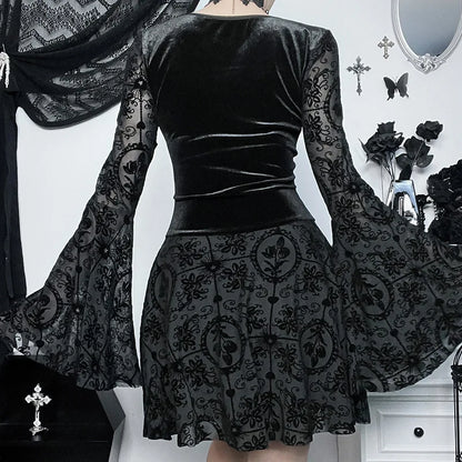Dark Party Elegant Gothic Flare Punk Velvet Dresses Grunge Sleeve Flocked Style Bandage Vintage Outfit