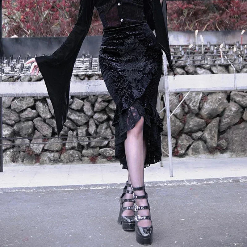 Goth Dark Vintage Mall Gothic Ruffles Mermaid Grunge Aesthetic Lace Hem Midi Women Elegant Skirt