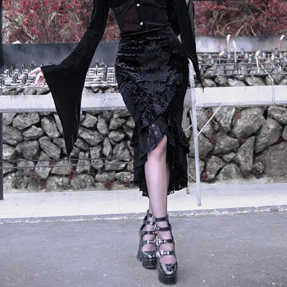 Goth Dark Vintage Mall Gothic Ruffles Mermaid Grunge Aesthetic Lace Hem Midi Women Elegant Skirt