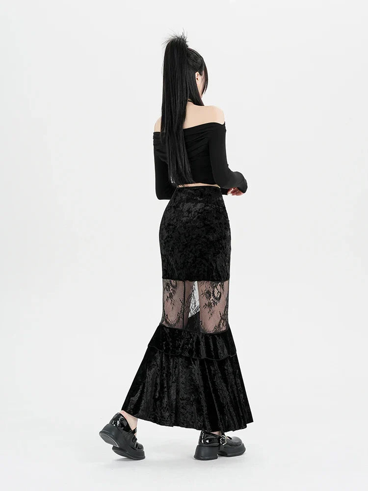 Goth Velvet Lace Maxi Skirt