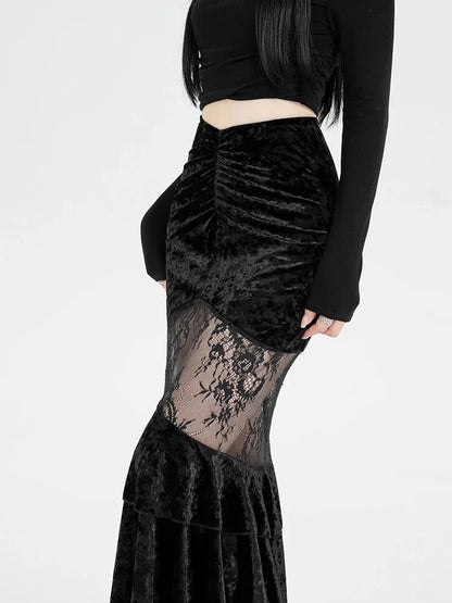 Goth Velvet Lace Maxi Skirt