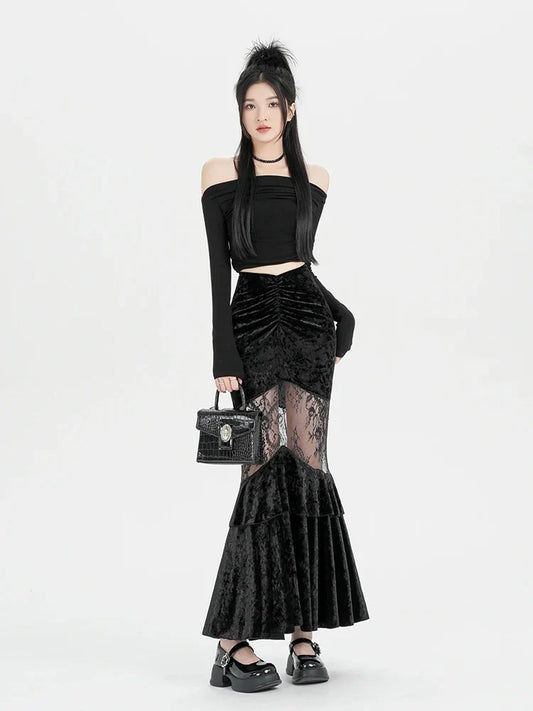 Goth Velvet Lace Maxi Skirt