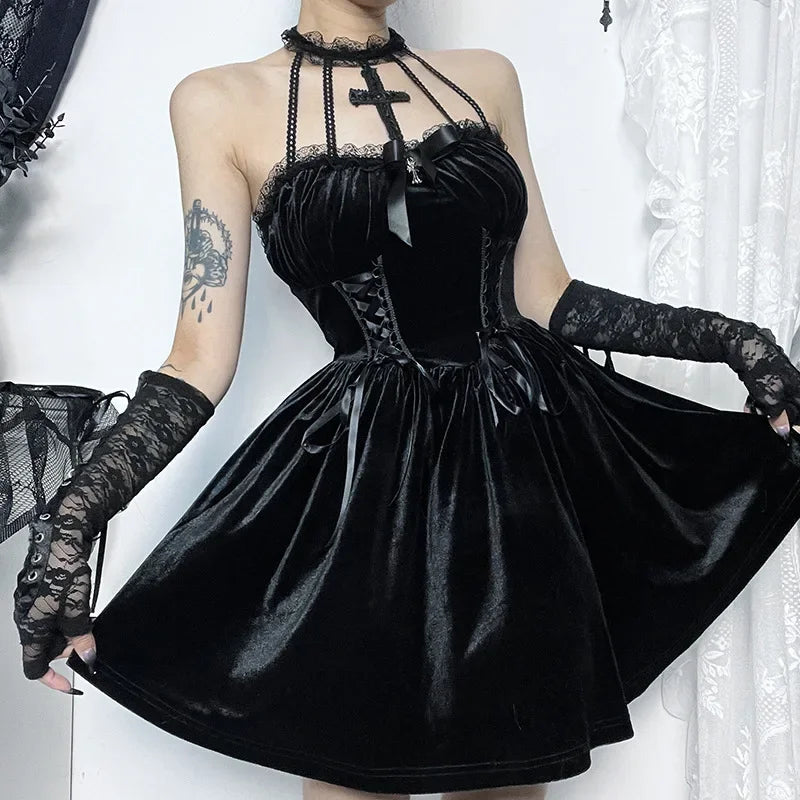Gothic Vintage Cocktail Velvet Party Draped Backless Bodycon A-Line Halter Outfit Lace Criss-Cross Sleeveless Frock