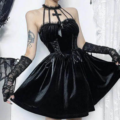 Gothic Vintage Cocktail Velvet Party Draped Backless Bodycon A-Line Halter Outfit Lace Criss-Cross Sleeveless Frock