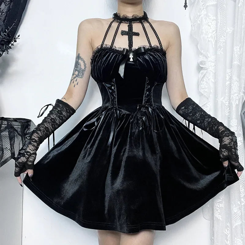 Gothic Vintage Cocktail Velvet Party Draped Backless Bodycon A-Line Halter Outfit Lace Criss-Cross Sleeveless Frock