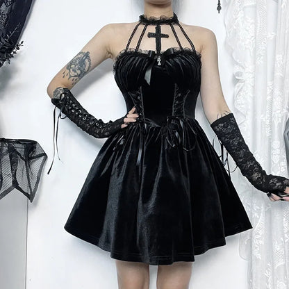 Gothic Vintage Cocktail Velvet Party Draped Backless Bodycon A-Line Halter Outfit Lace Criss-Cross Sleeveless Frock
