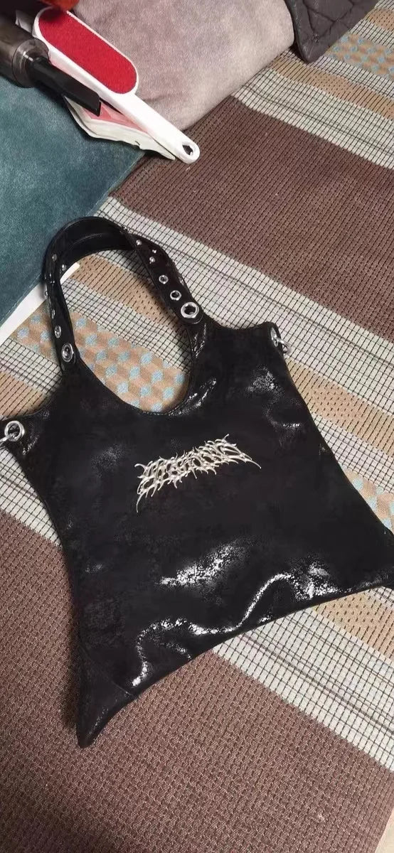 Gothic Grunge Black PU Leather Large Capacity Shoulder Bag