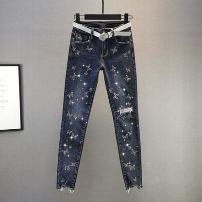 KittenAlarm - Hot Sales High Waist Jeans Women Beading Butterfly Fashion Ripped Jeans Casual Plus size Stretch Jeans Female Washed Denim Pencil Pants