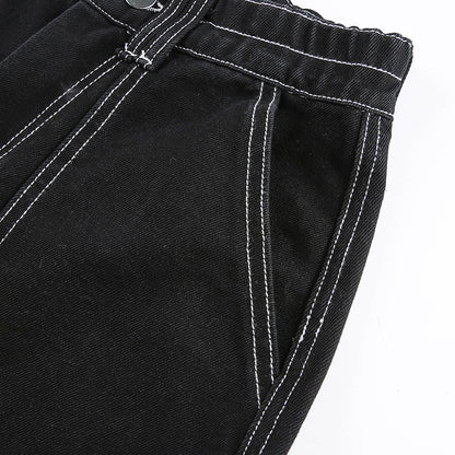 KittenAlarm - Womens Fashion Trends Pockets Patchwork Baggy Jeans Fashion Streetwear 100% Cotton Women Denim Trouser Loose Cargo Pants Korean Jeans Harajuku