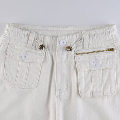 KittenAlarm - Women Spring Fashion Multi Pockets White Cargo Pants Women Adjustable Low Waist Baggy Wide Leg Jeans Oversized Casual Trousers Retro Bottoms Iamhotty