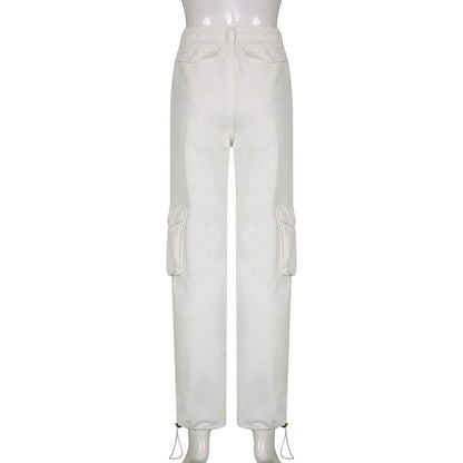 KittenAlarm - Women Spring Fashion Multi Pockets White Cargo Pants Women Adjustable Low Waist Baggy Wide Leg Jeans Oversized Casual Trousers Retro Bottoms Iamhotty