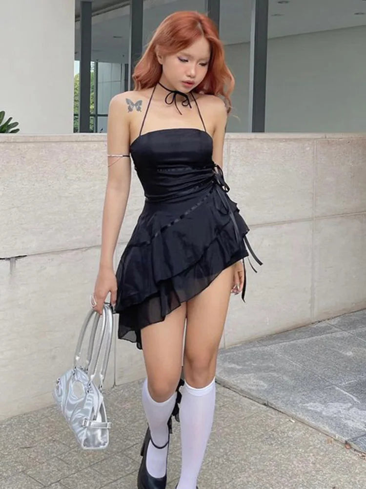 Sleeveless Halter A-Line Ruffle Cap Swing Top Pleated Tube Hem Neck Strapless Outfit
