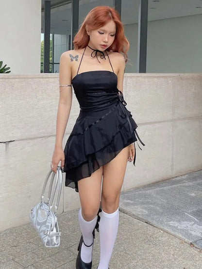 Sleeveless Halter A-Line Ruffle Cap Swing Top Pleated Tube Hem Neck Strapless Outfit