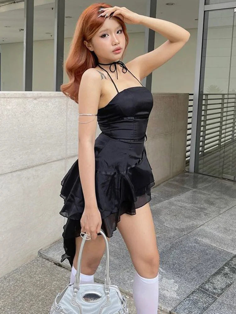 Sleeveless Halter A-Line Ruffle Cap Swing Top Pleated Tube Hem Neck Strapless Outfit