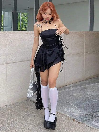 Sleeveless Halter A-Line Ruffle Cap Swing Top Pleated Tube Hem Neck Strapless Outfit