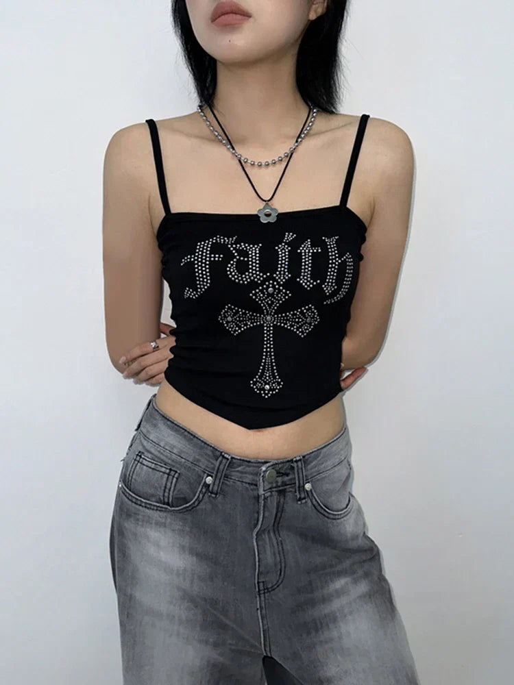 Gothic Cross Hot Rhinestone Vintage Spaghetti Straps Corset Y2K Street Grunge Crop Top