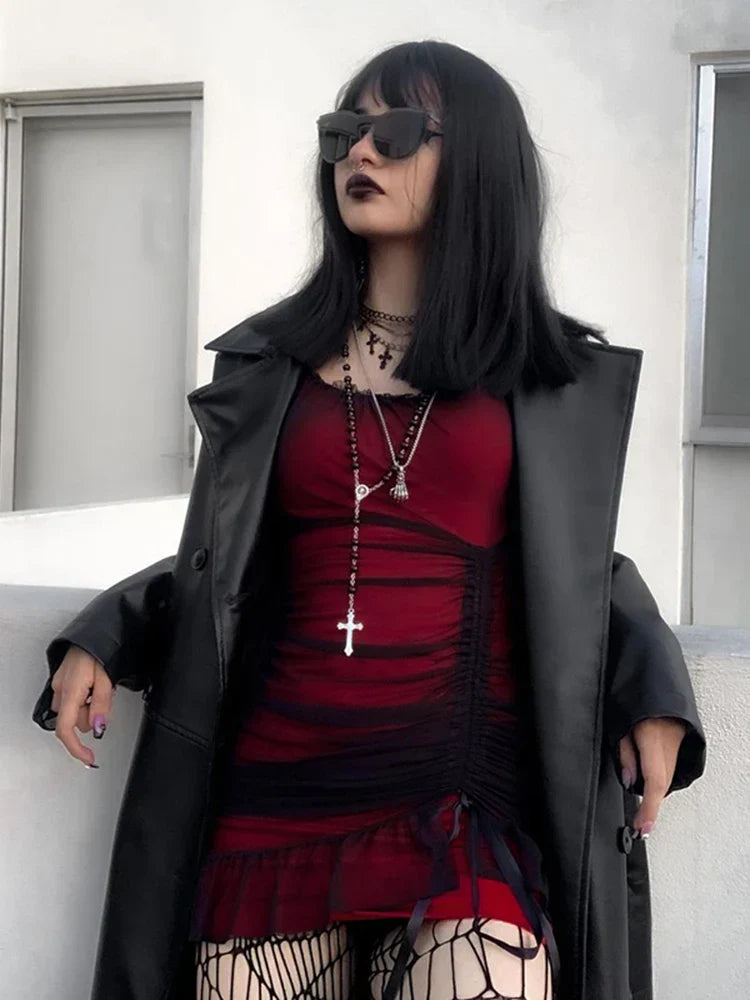 Dark Drawstring Ruched Mesh Mini Vintage Sleeveless Double Bodycon Aesthetic Red Gown