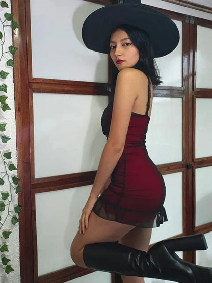 Dark Drawstring Ruched Mesh Mini Vintage Sleeveless Double Bodycon Aesthetic Red Gown