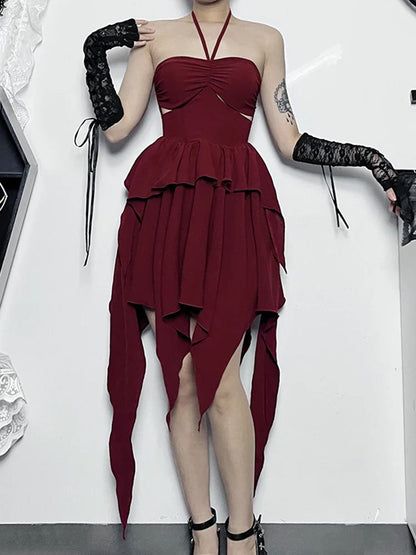 Halter Sleeveless Sexy Neck Asymmetrical A-Line Hem Cocktail Bodycon Ruched Mini Party Frock